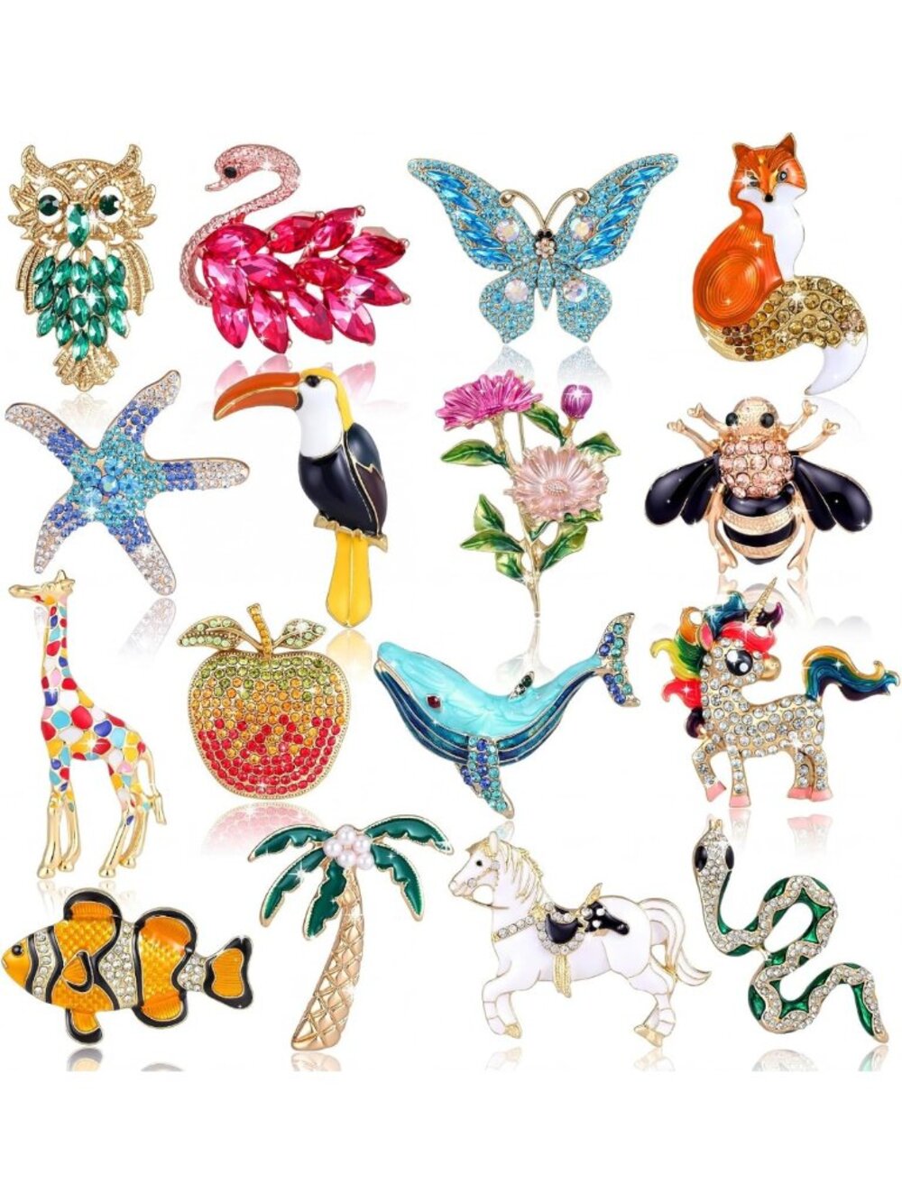 16 Pcs Vintage Rhinestone Animal & Plant Brooch Set - Perfect Holiday Gifts for